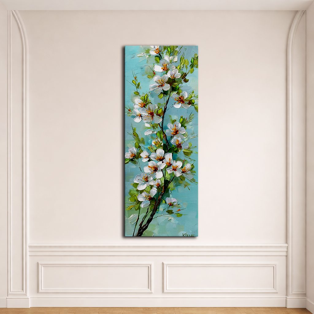 White Apple Blossom Branch on Turquoise canvas wall art, unframed canvas