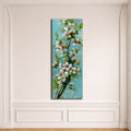 White Apple Blossom Branch on Turquoise canvas wall art, unframed canvas