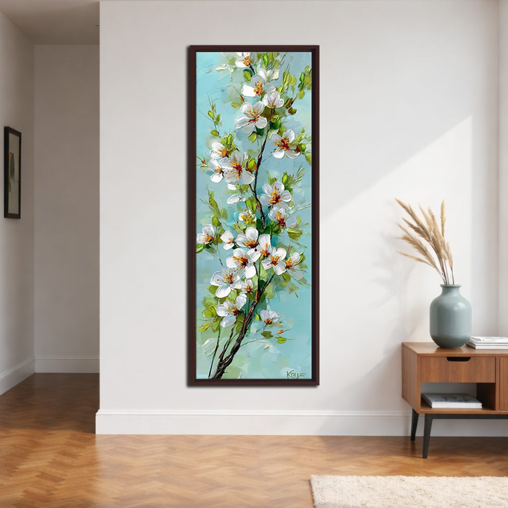 White Apple Blossom Branch on Turquoise canvas wall art, walnut floating frame