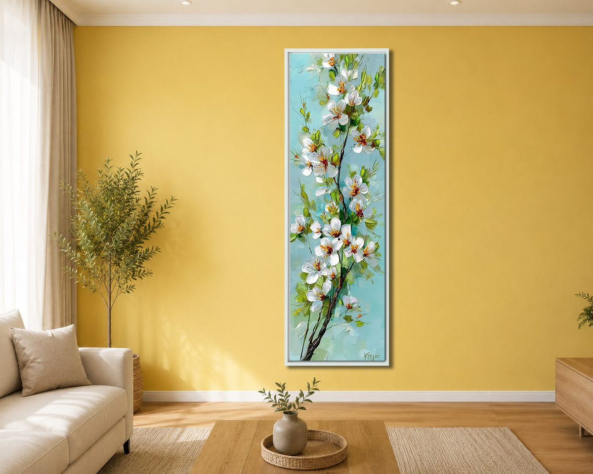 White Apple Blossom Branch on Turquoise canvas wall art, white floating frame