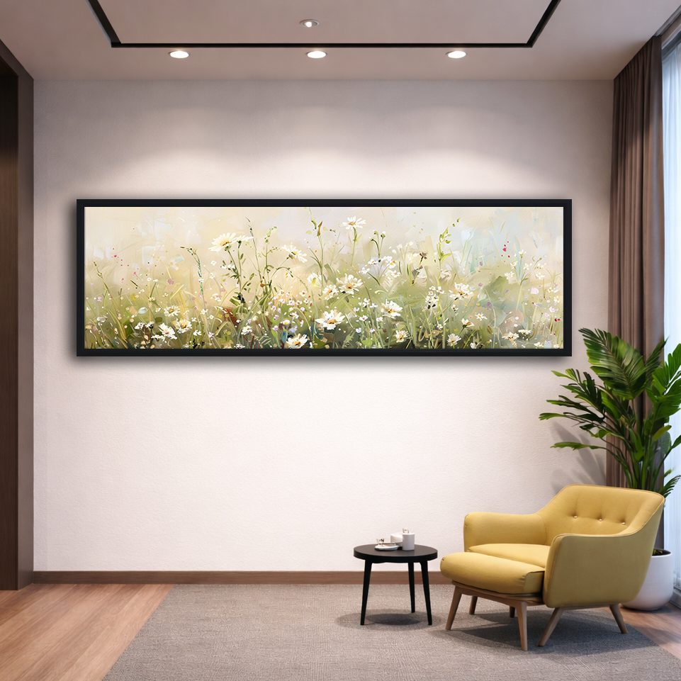 White Daisy Meadow canvas wall art, black floating frame