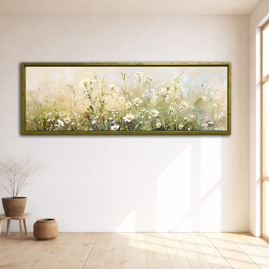 White Daisy Meadow canvas wall art, gold floating frame