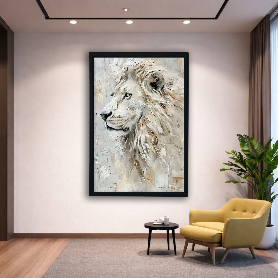 White Lion Textured Portrait canvas wall art, black floating frame
