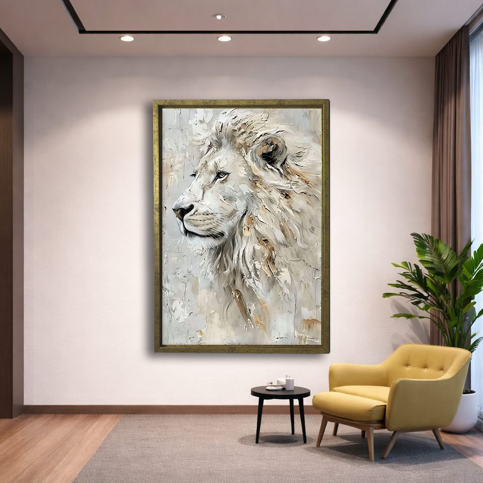 White Lion Textured Portrait canvas wall art, gold floating frame