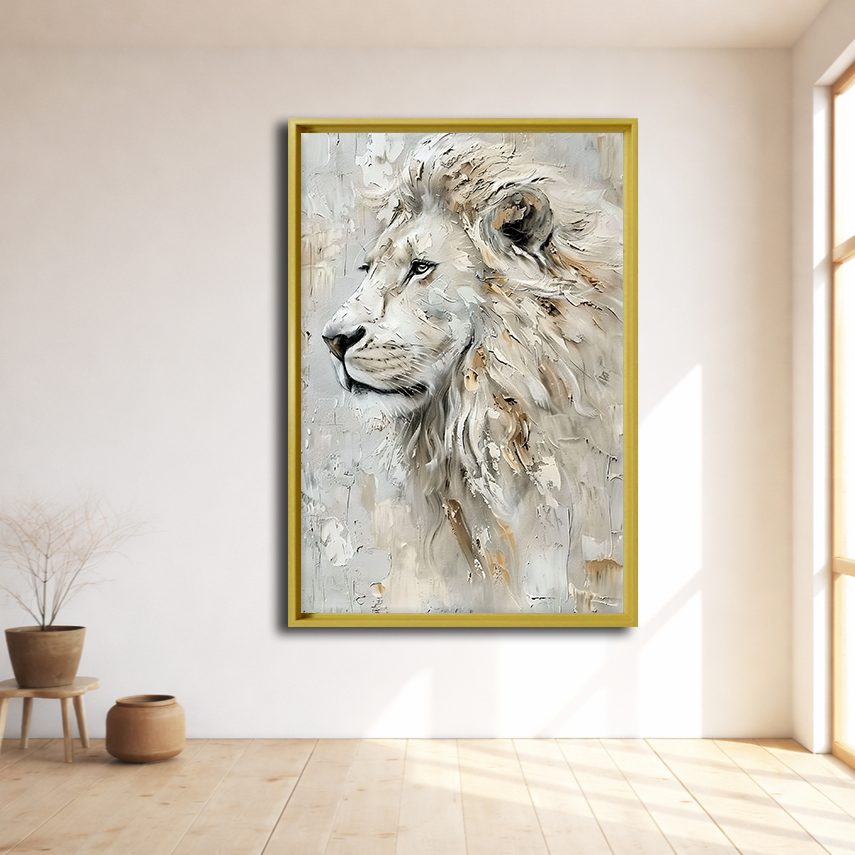 White Lion Textured Portrait canvas wall art, natural wood floating frame