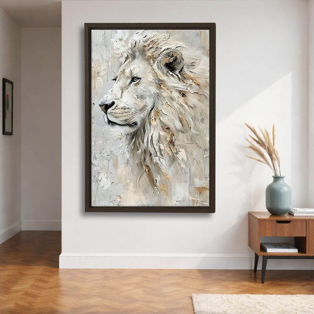 White Lion Textured Portrait canvas wall art, walnut floating frame