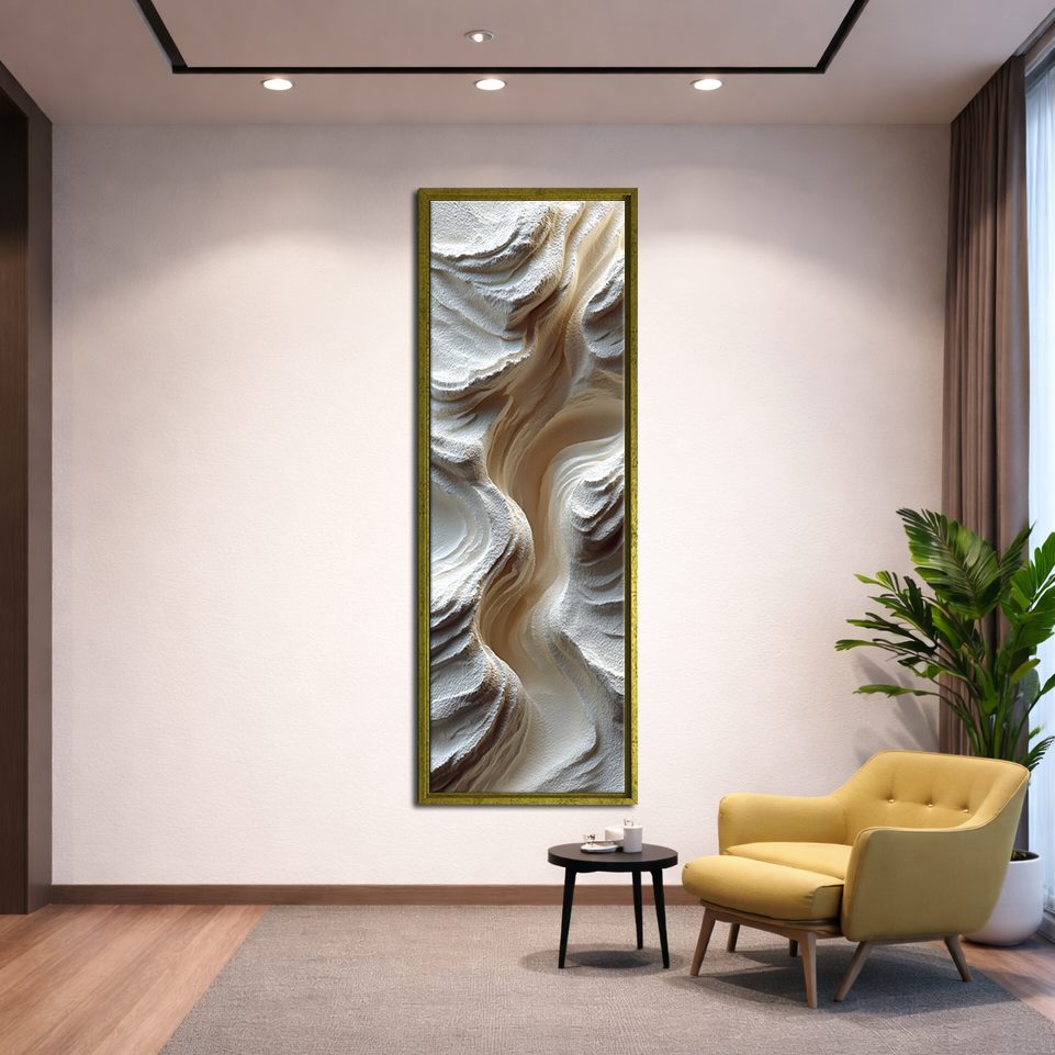White Sculptural Wave Abstract canvas wall art, gold floating frame