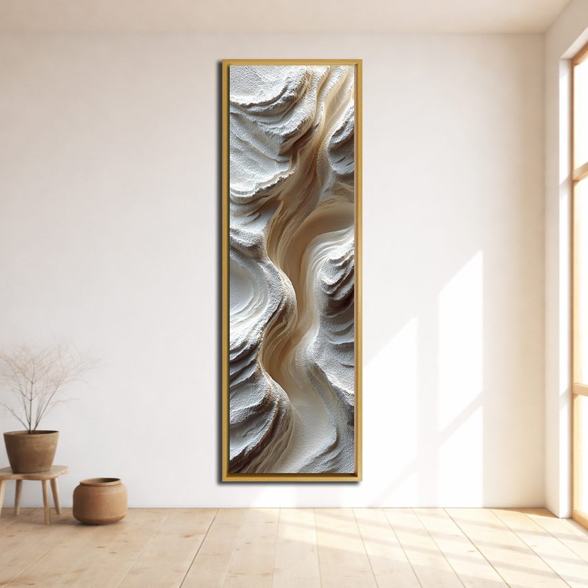 White Sculptural Wave Abstract canvas wall art, natural wood floating frame
