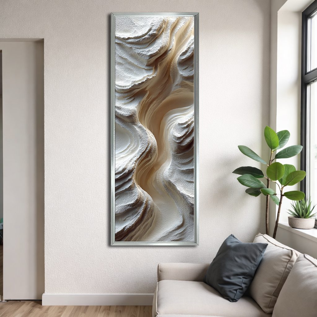 White Sculptural Wave Abstract canvas wall art, silver floating frame