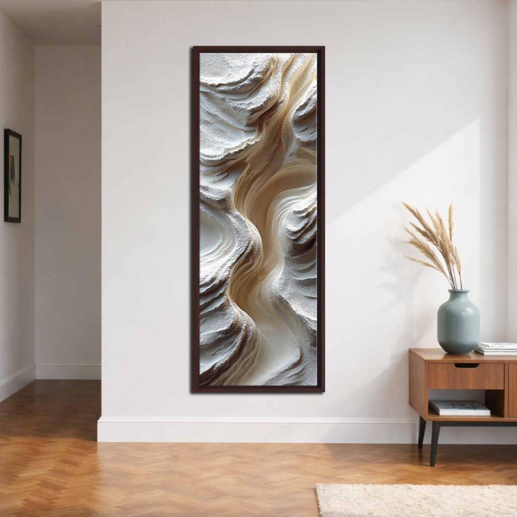 White Sculptural Wave Abstract canvas wall art, walnut floating frame