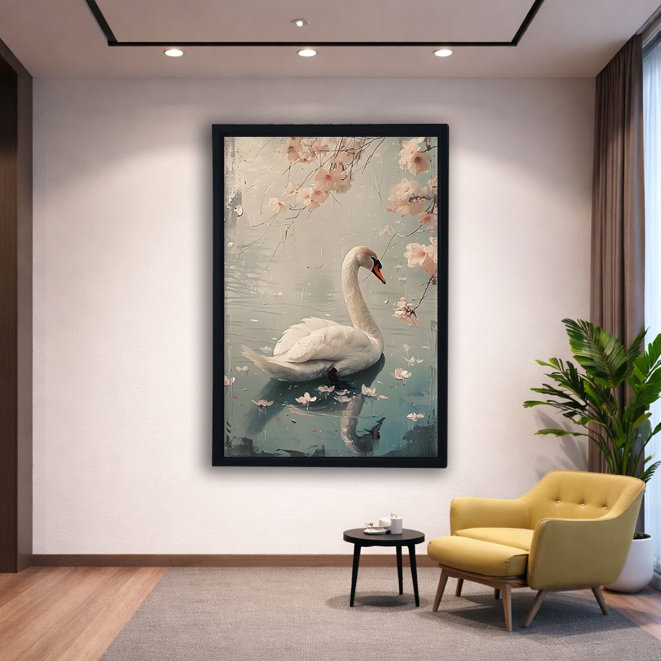 White Swan with Cherry Blossoms canvas wall art, black floating frame