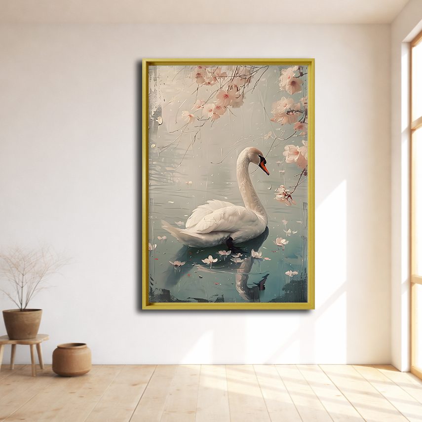 White Swan with Cherry Blossoms canvas wall art, natural wood floating frame
