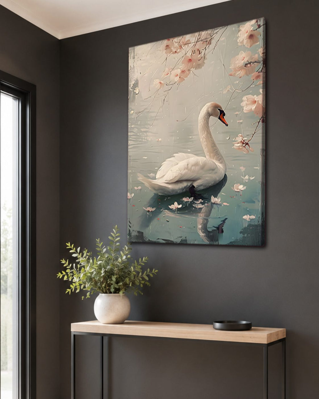 White Swan with Cherry Blossoms canvas wall art, unframed canvas
