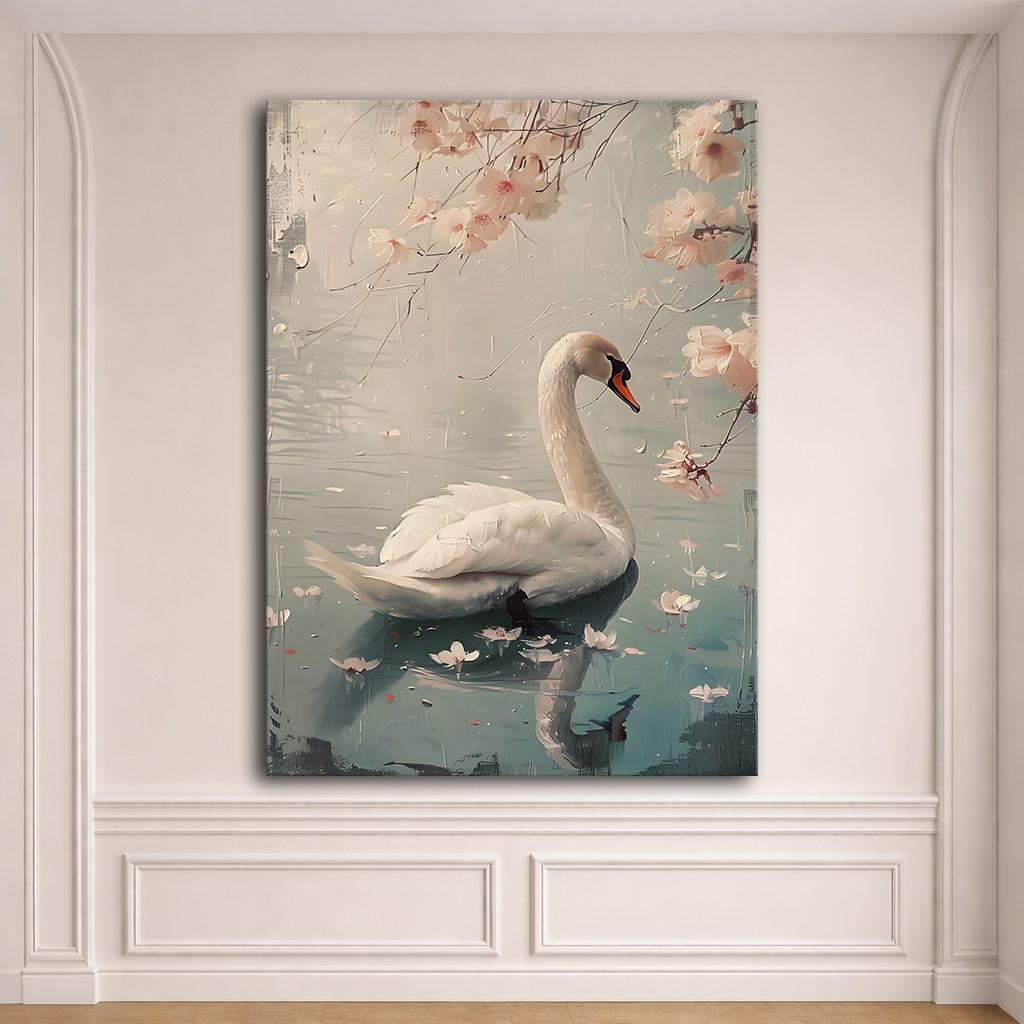 White Swan with Cherry Blossoms canvas wall art, unframed canvas
