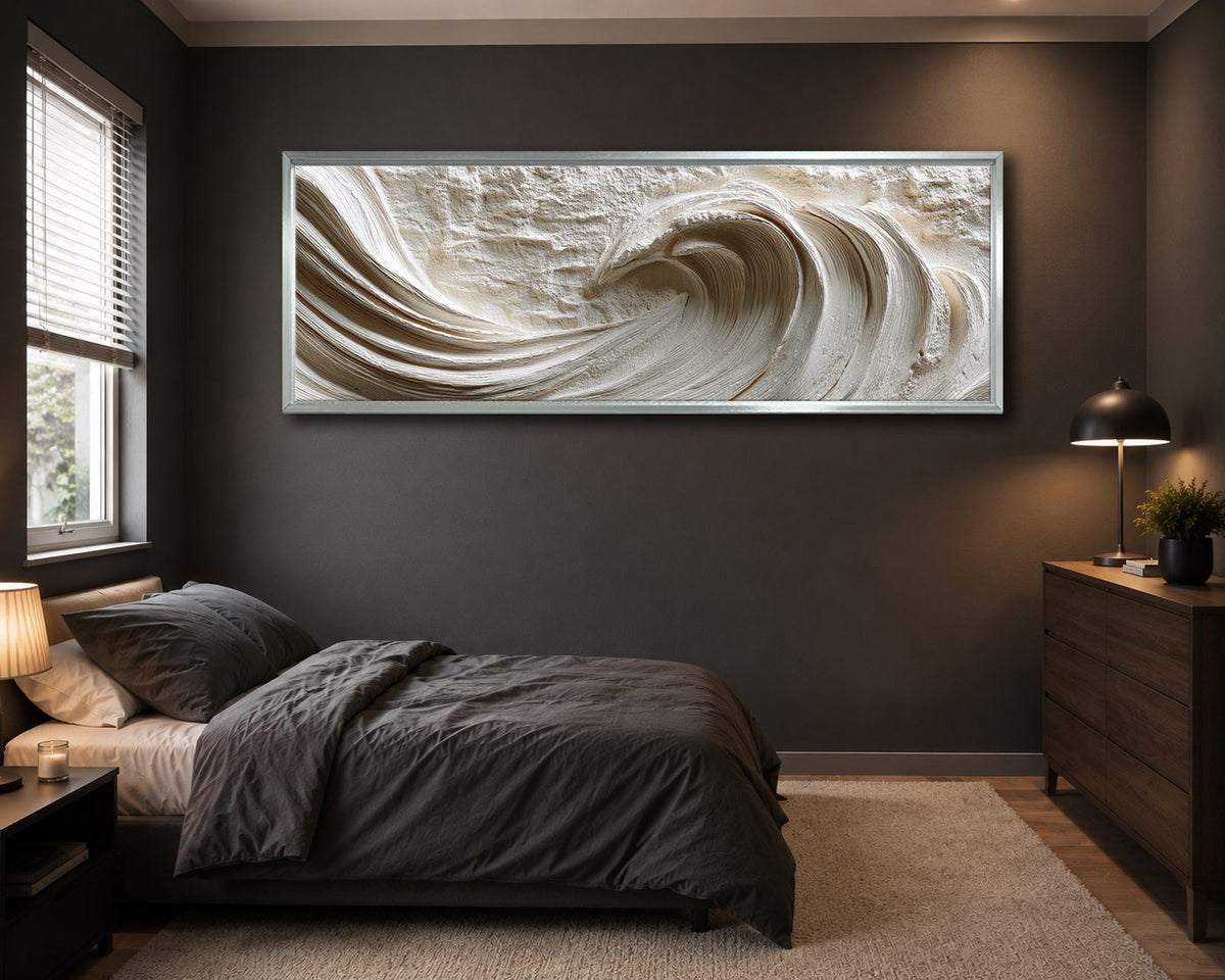 White Textured Ocean Wave Relief canvas wall art, silver floating frame