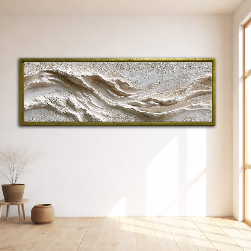 White Textured Wave Relief canvas wall art, gold floating frame