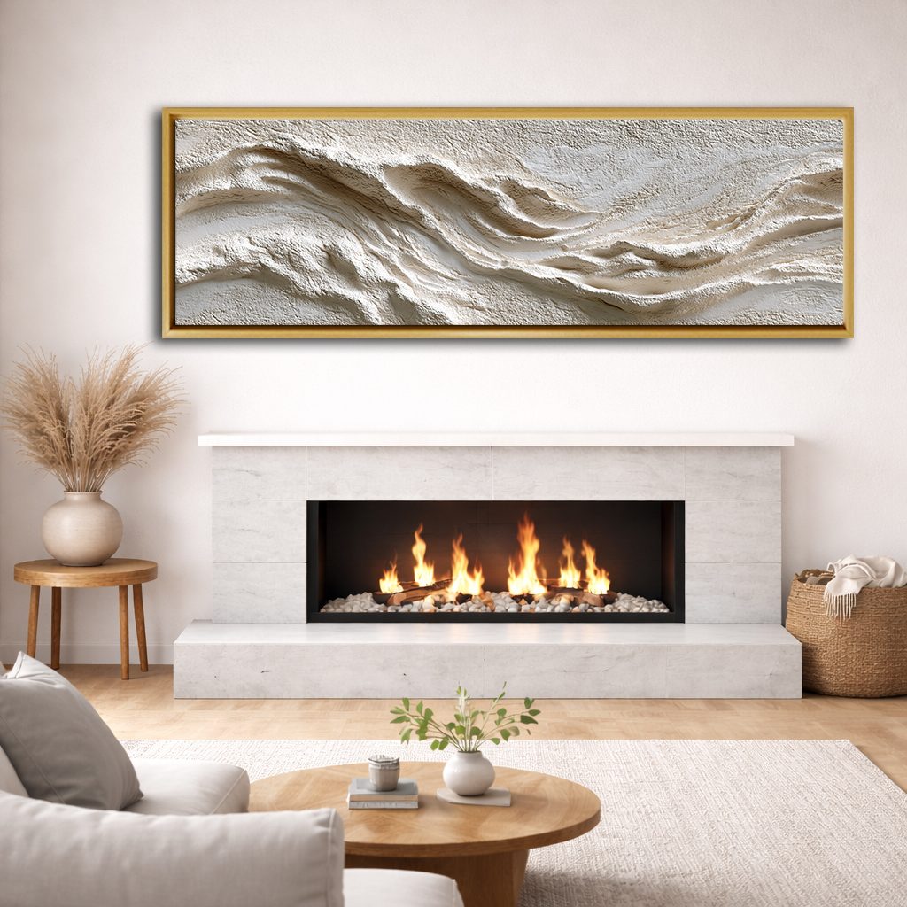 White Textured Wave Relief canvas wall art, natural wood floating frame