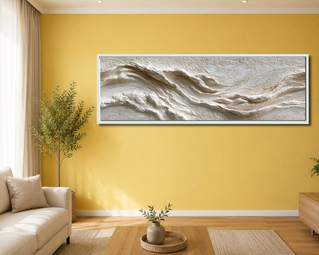 White Textured Wave Relief canvas wall art, white floating frame