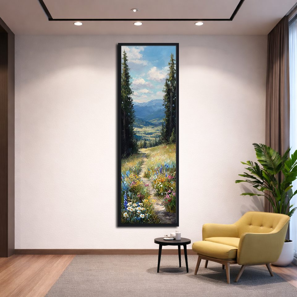 Wildflower Meadow Mountain View canvas wall art, black floating frame