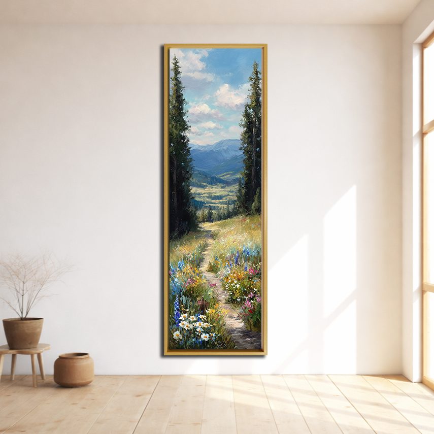 Wildflower Meadow Mountain View canvas wall art, natural wood floating frame
