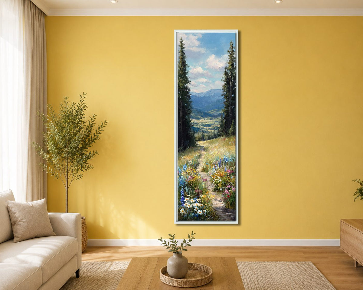 Wildflower Meadow Mountain View canvas wall art, white floating frame