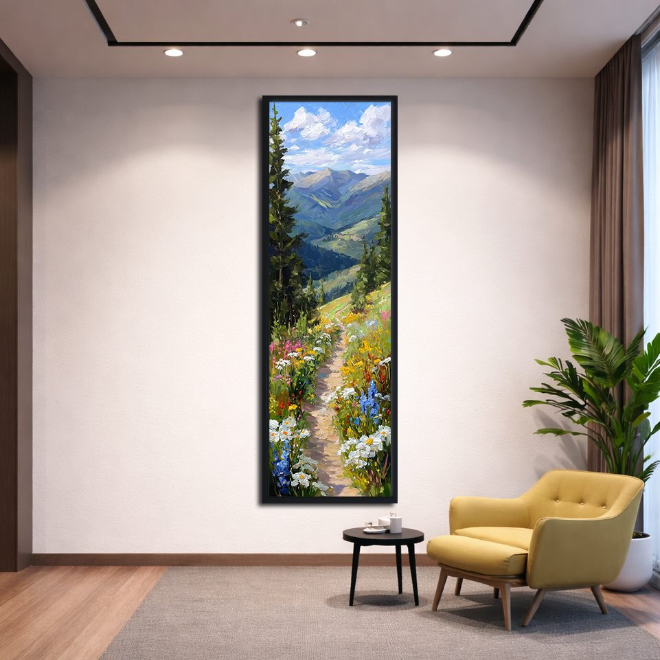 Wildflower Mountain Path canvas wall art, black floating frame