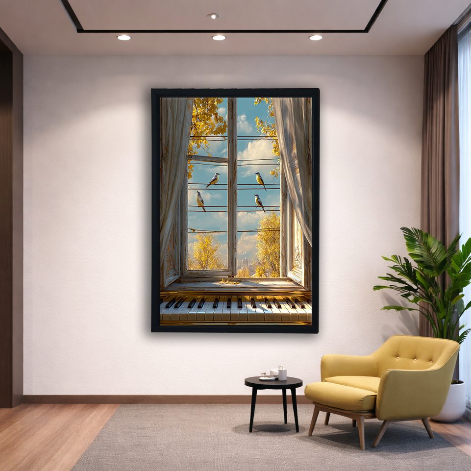 Window View with Piano and Birds canvas wall art, black floating frame