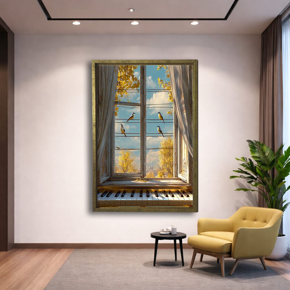 Window View with Piano and Birds canvas wall art, gold floating frame