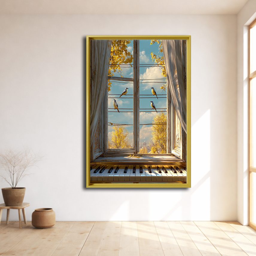 Window View with Piano and Birds canvas wall art, natural wood floating frame
