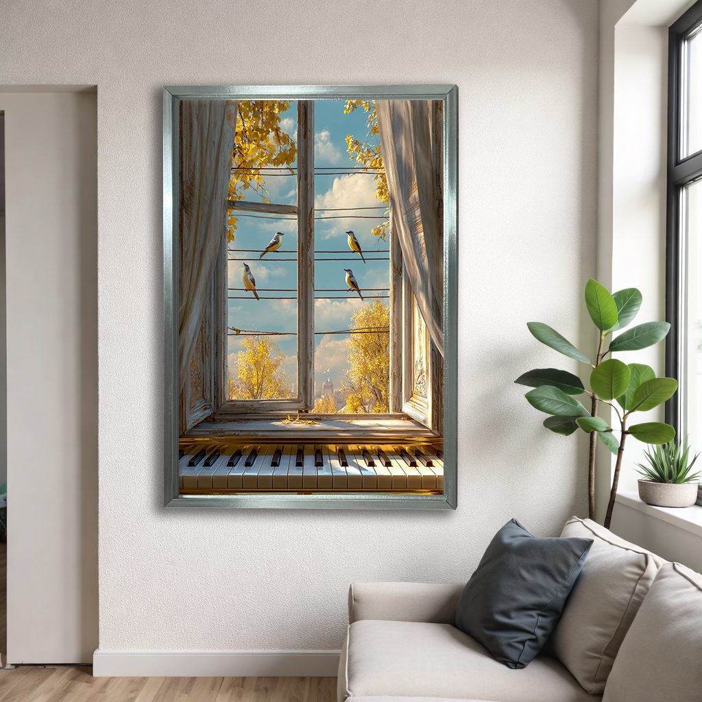 Window View with Piano and Birds canvas wall art, silver floating frame