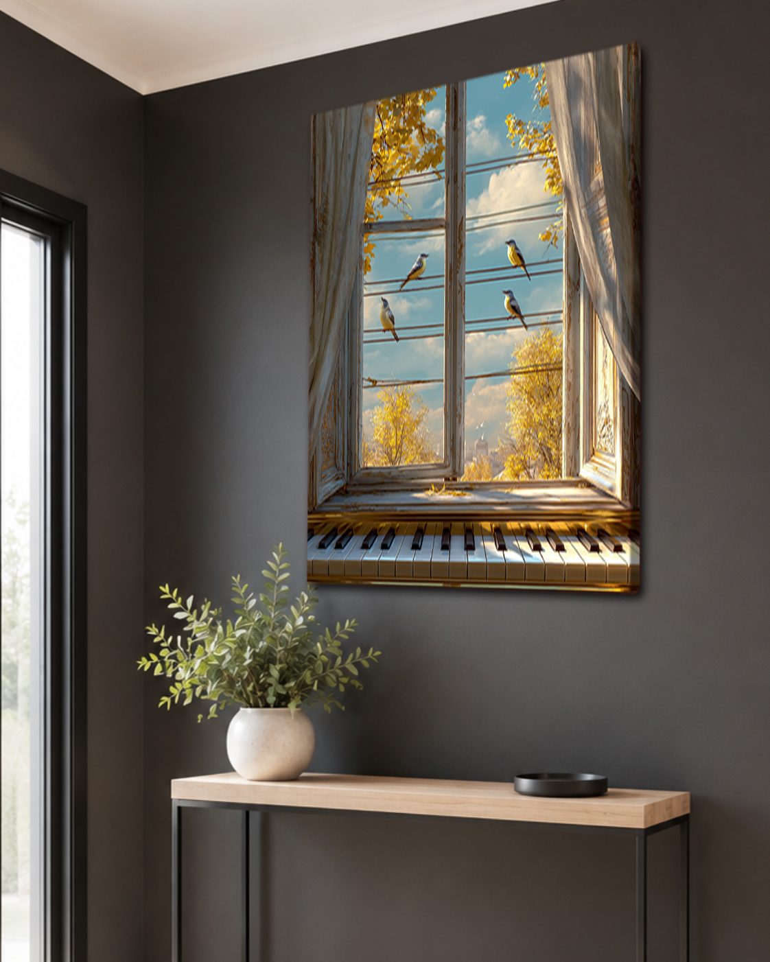 Window View with Piano and Birds canvas wall art, unframed canvas