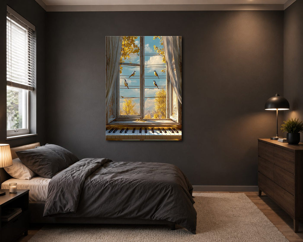 Window View with Piano and Birds canvas wall art, unframed canvas