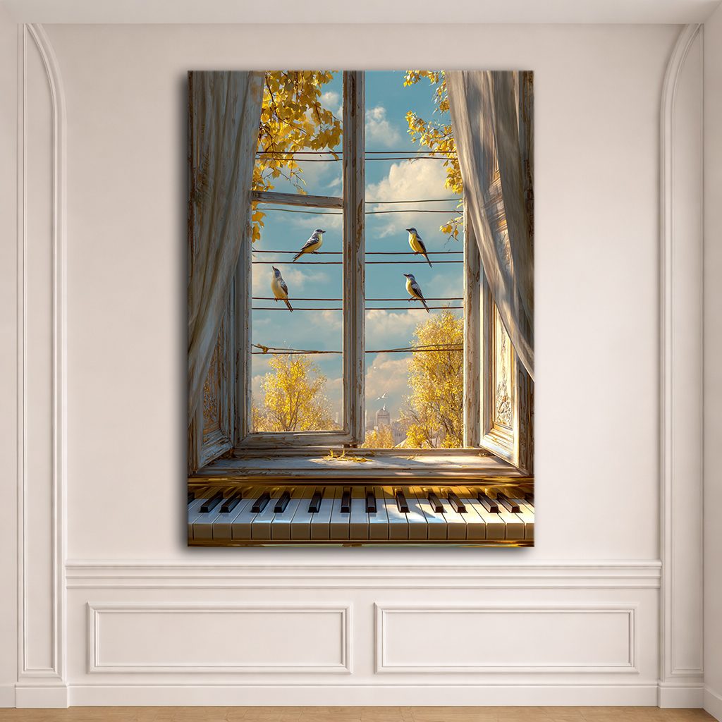 Window View with Piano and Birds canvas wall art, unframed canvas