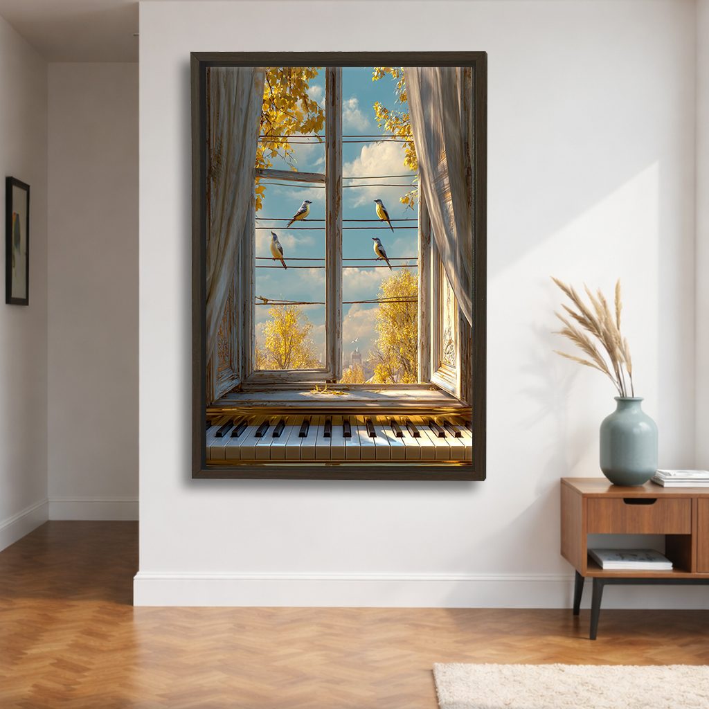 Window View with Piano and Birds canvas wall art, walnut floating frame