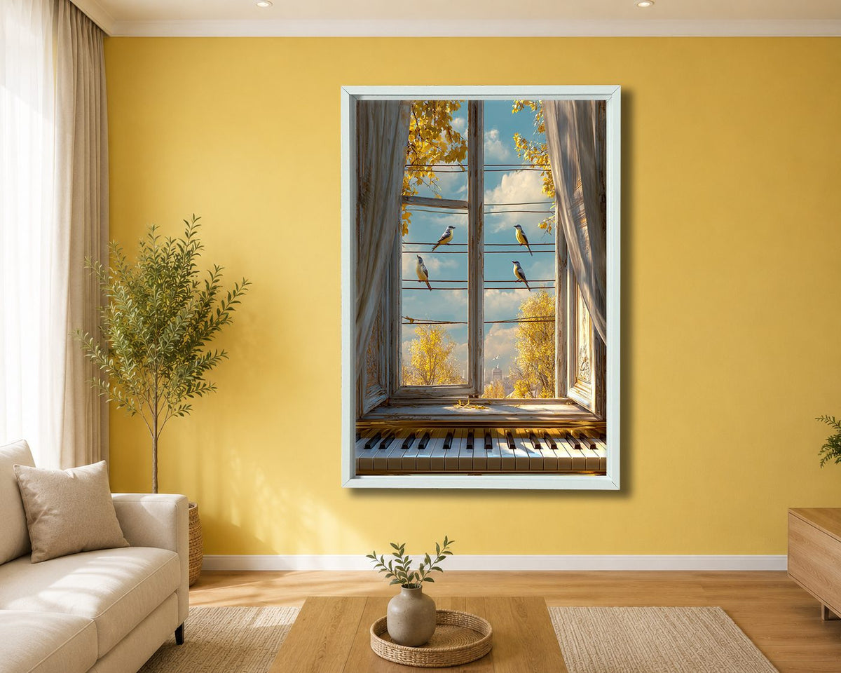 Window View with Piano and Birds canvas wall art, white floating frame
