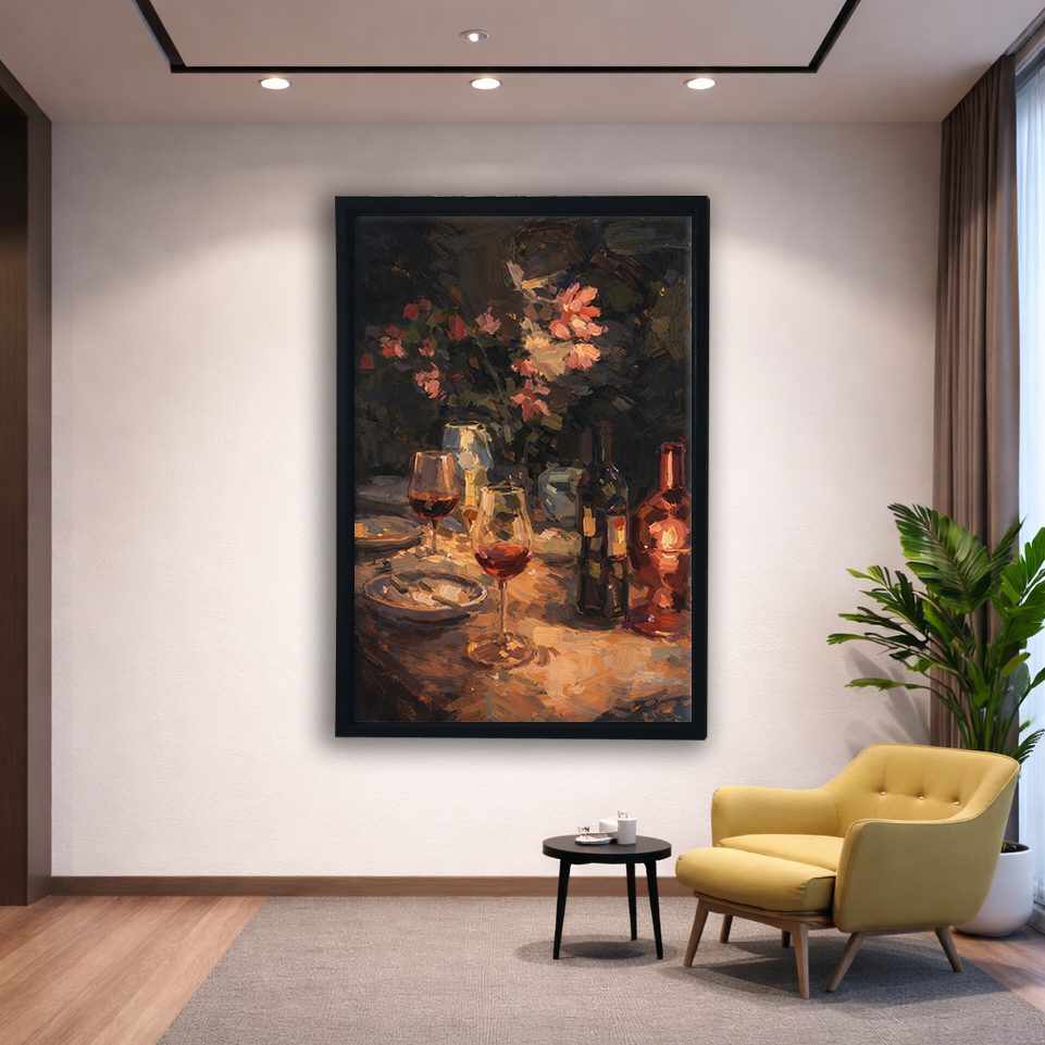 Wine and Candlelit Dinner Still Life canvas wall art, black floating frame