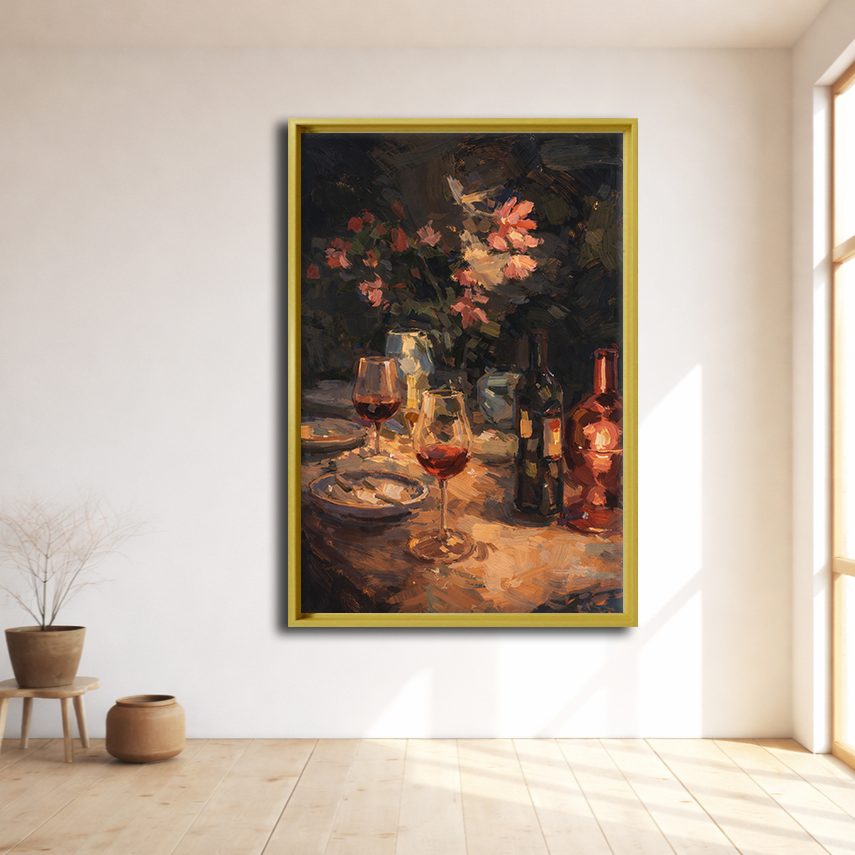 Wine and Candlelit Dinner Still Life canvas wall art, natural wood floating frame