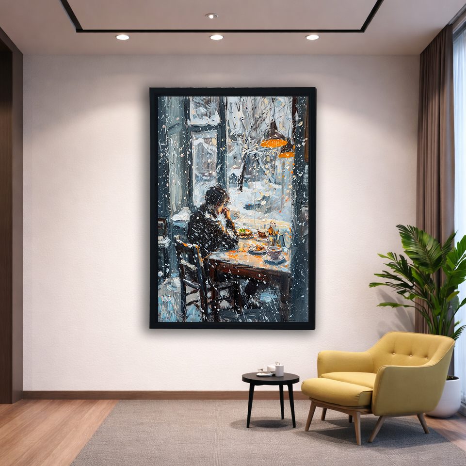 Winter Cafe Window Scene canvas wall art, black floating frame