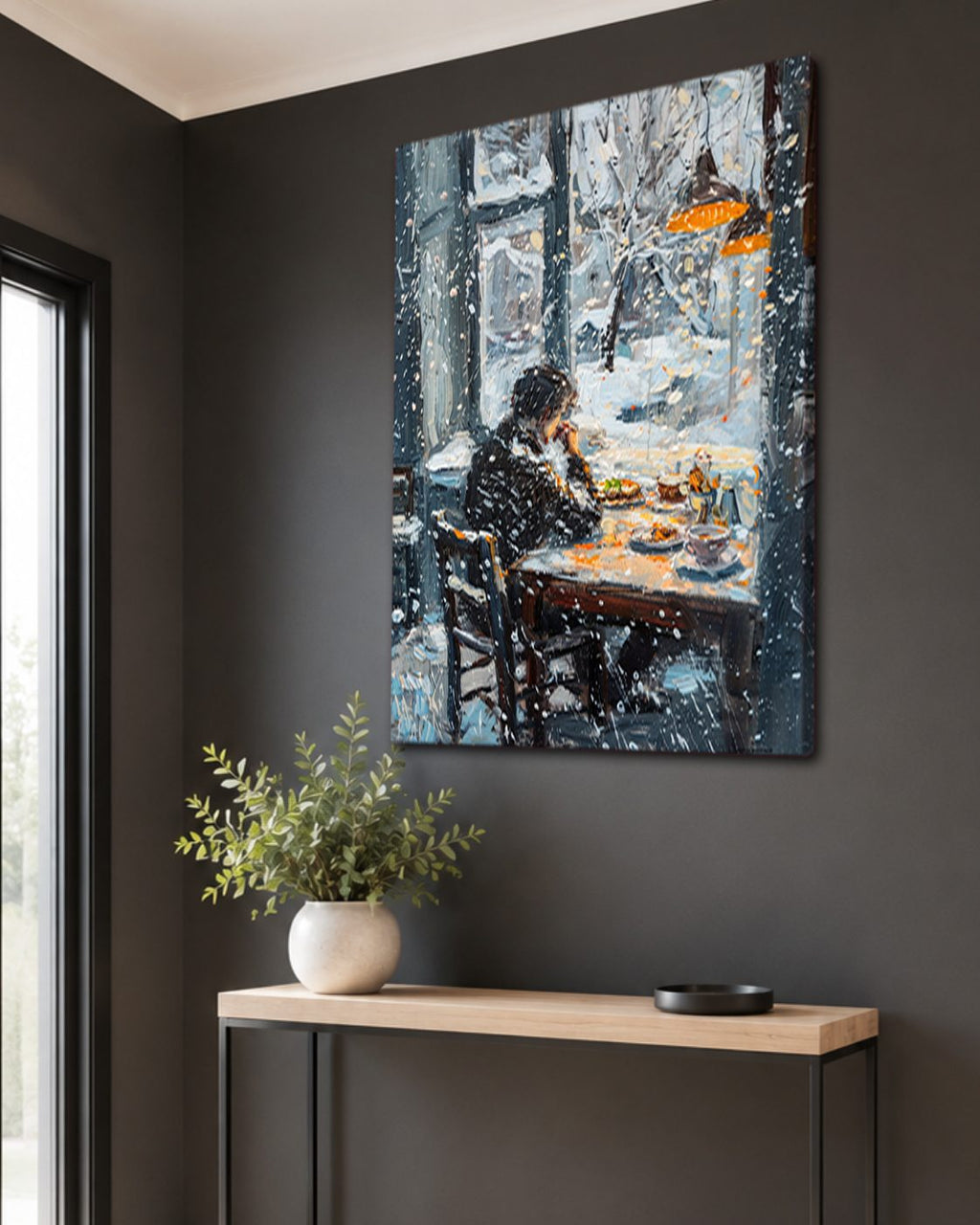 Winter Cafe Window Scene canvas wall art, unframed canvas