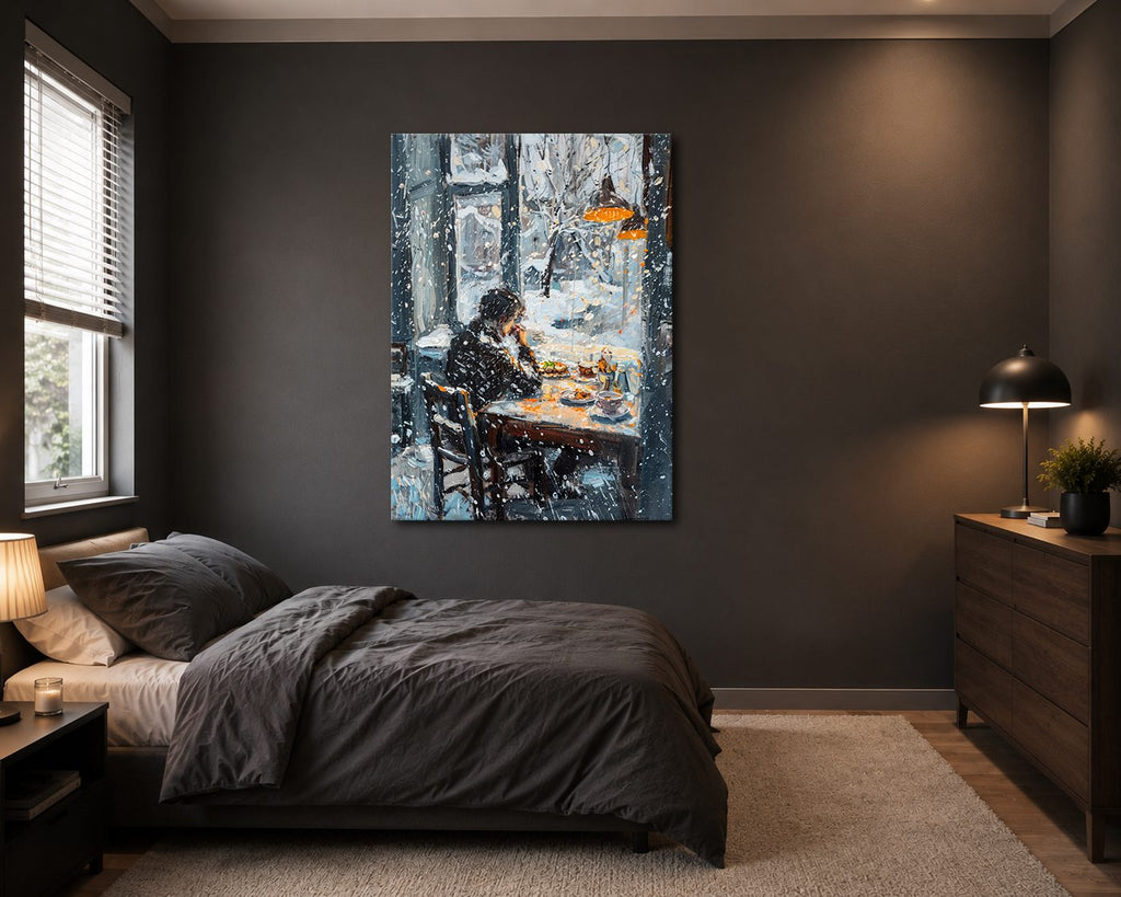 Winter Cafe Window Scene canvas wall art, unframed canvas