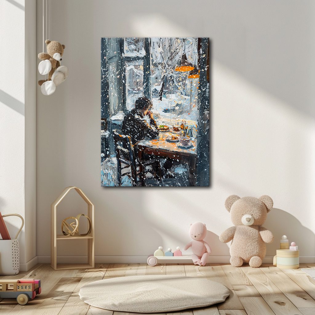Winter Cafe Window Scene canvas wall art, unframed canvas