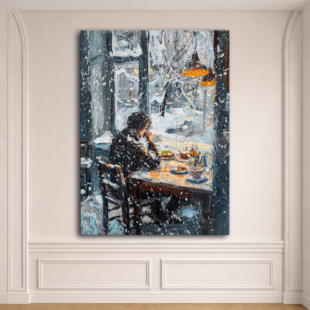 Winter Cafe Window Scene canvas wall art, unframed canvas