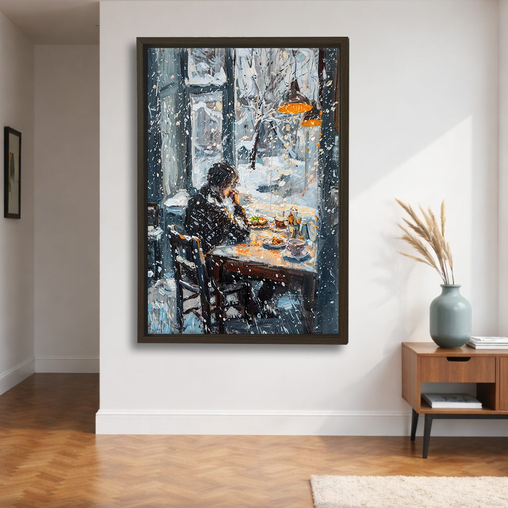 Winter Cafe Window Scene canvas wall art, walnut floating frame
