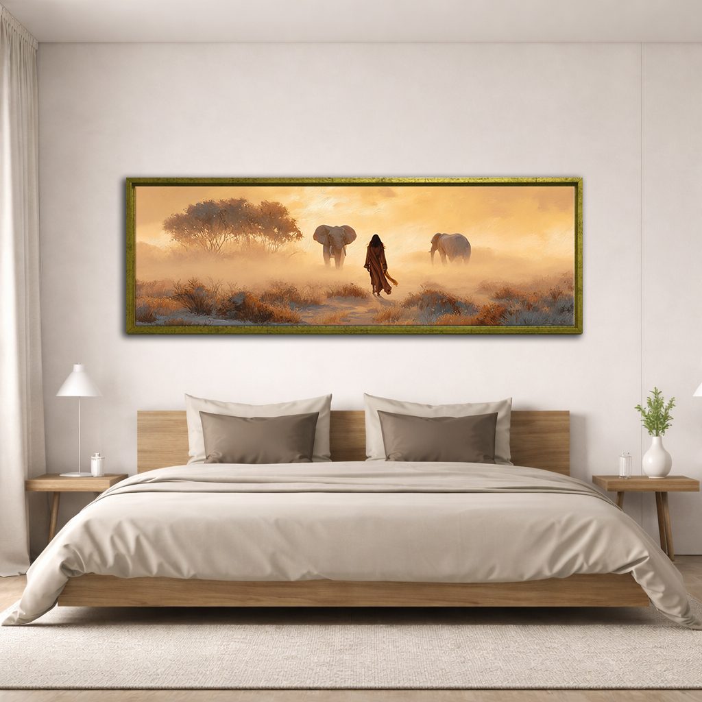 Woman and Elephants in Misty Savanna canvas wall art, antique gold floating frame