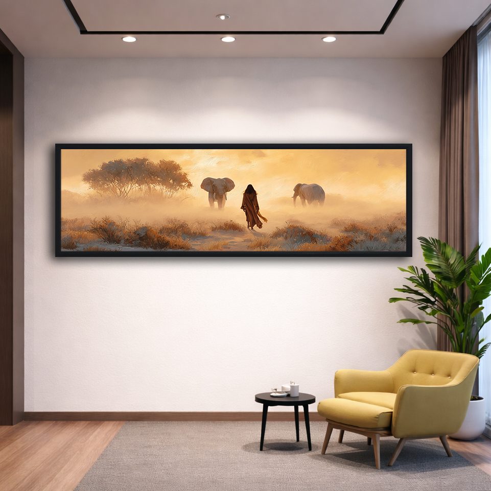 Woman and Elephants in Misty Savanna canvas wall art, black floating frame