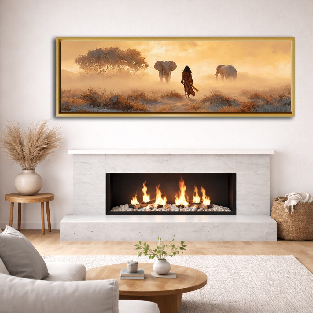 Woman and Elephants in Misty Savanna canvas wall art, natural wood floating frame