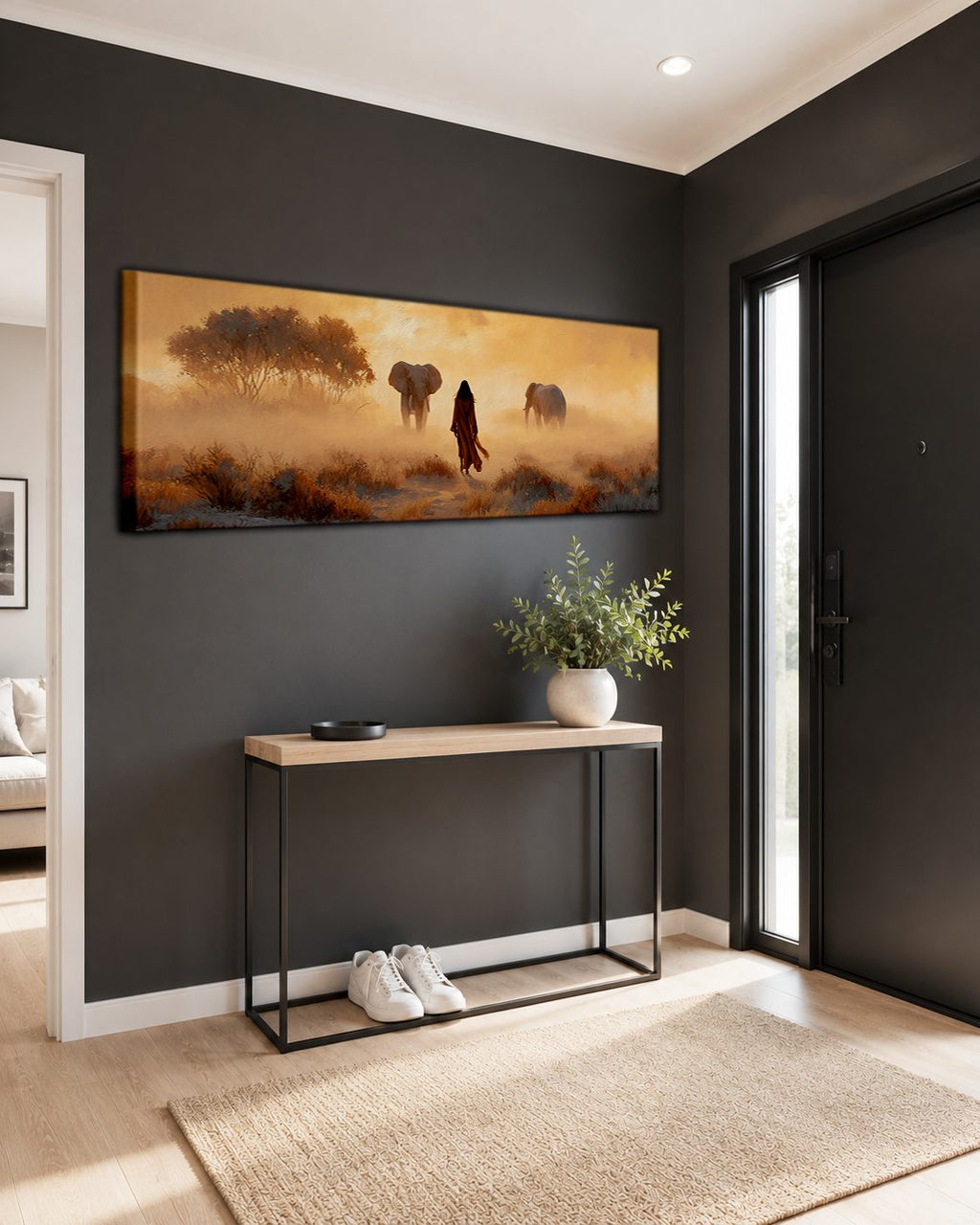 Woman and Elephants in Misty Savanna canvas wall art, unframed canvas