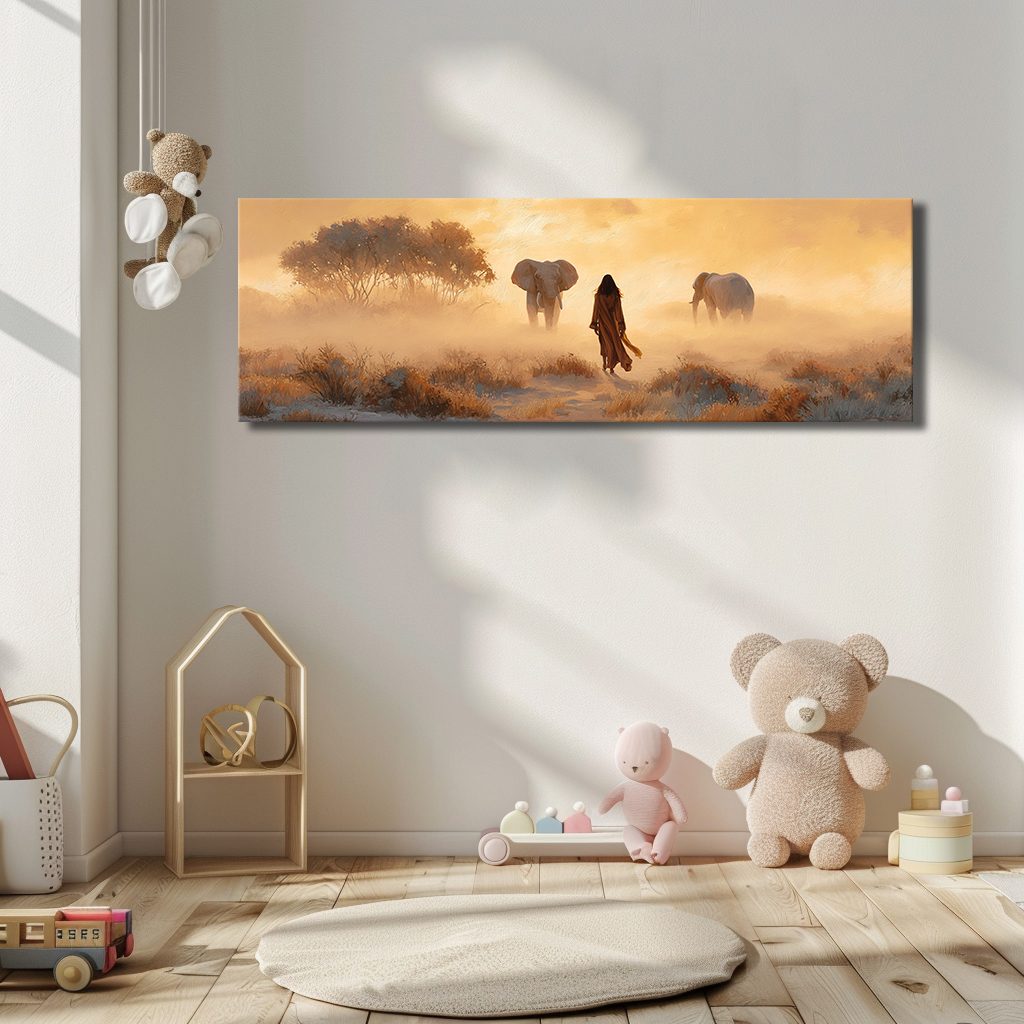 Woman and Elephants in Misty Savanna canvas wall art, unframed canvas