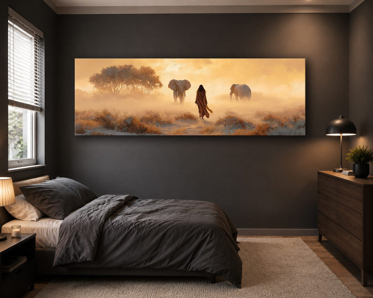 Woman and Elephants in Misty Savanna canvas wall art, unframed canvas