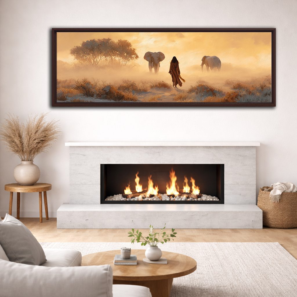 Woman and Elephants in Misty Savanna canvas wall art, walnut floating frame